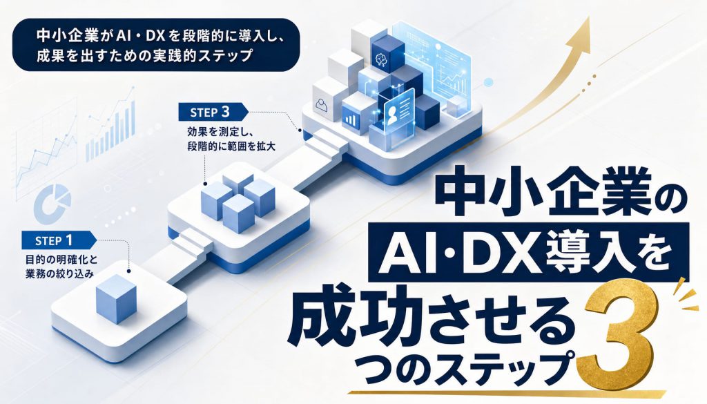 中小企業のAI・DX導入を成功させる3つのステップ｜段階的アプローチで成果を出す方法 アイキャッチ