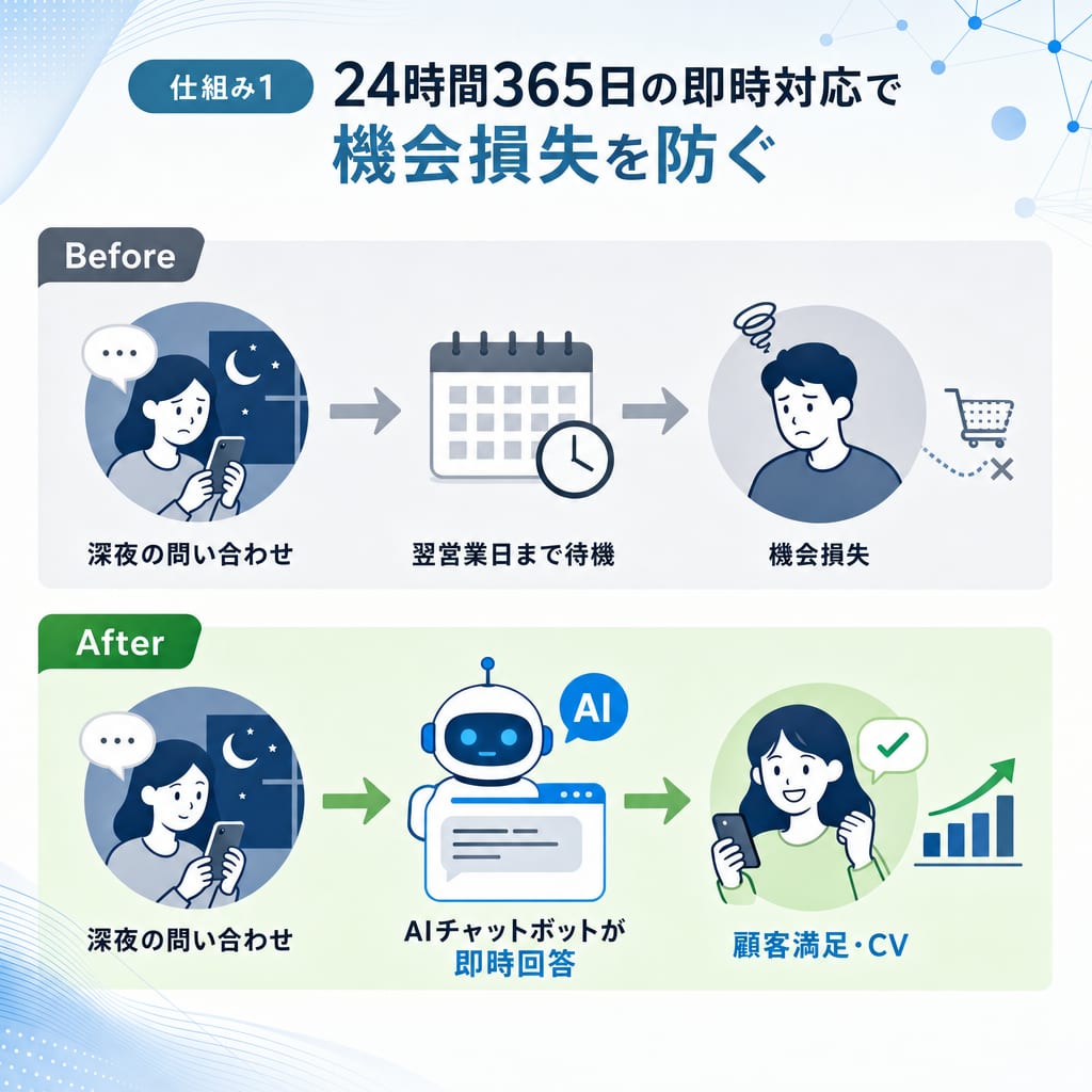 AIチャットボット導入による機会損失防止の仕組み。深夜の問い合わせに即時回答することで顧客満足につながる流れを示す図。