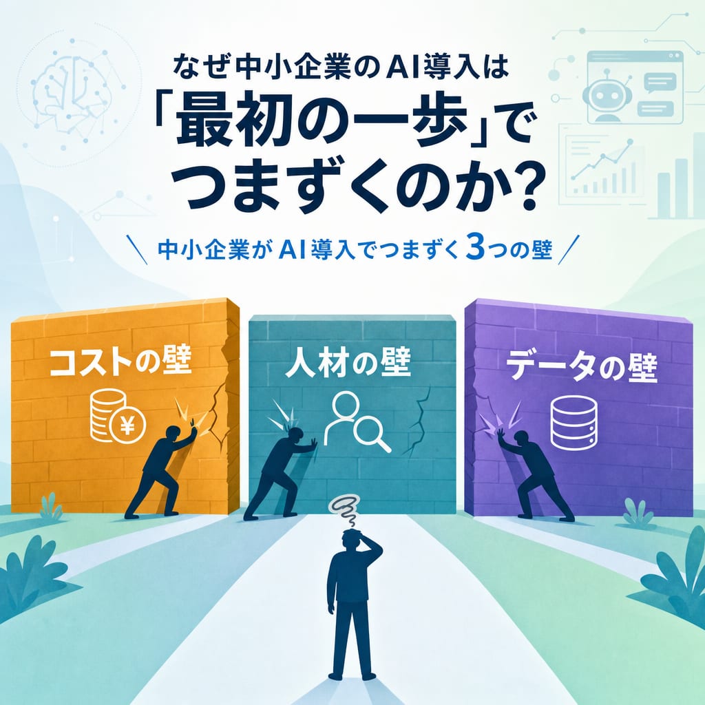 中小企業がAI導入で直面する3つの壁：コスト、人材、データ。これらの障壁が導入の妨げとなっていることを示す図。