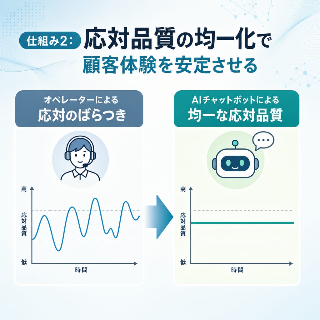 AIチャットボットによる応対品質の均一化を示す図。オペレーターごとの品質のばらつきと、AIによる安定した品質を比較している。