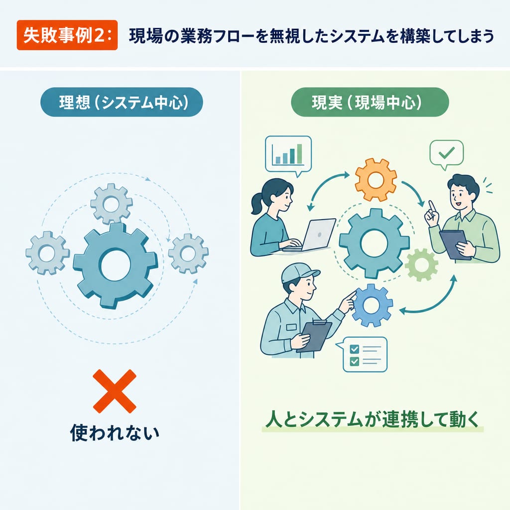 現場の業務フローを無視したシステム開発の失敗を示す図。システム中心の理想と、人が使えない現実を対比している。