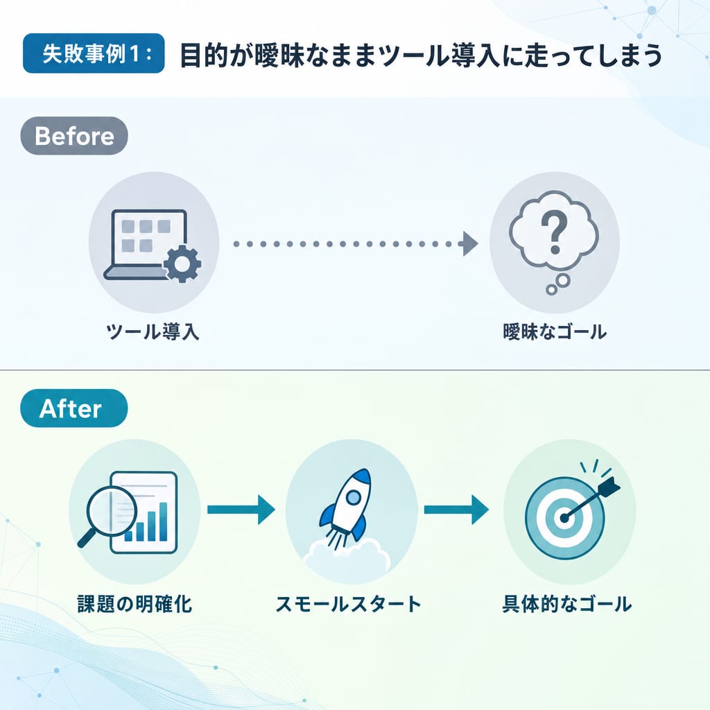 目的設定の重要性を示す図。曖昧なゴールへ向かう失敗パターンと、具体的なゴールへ向かう成功パターンの比較。